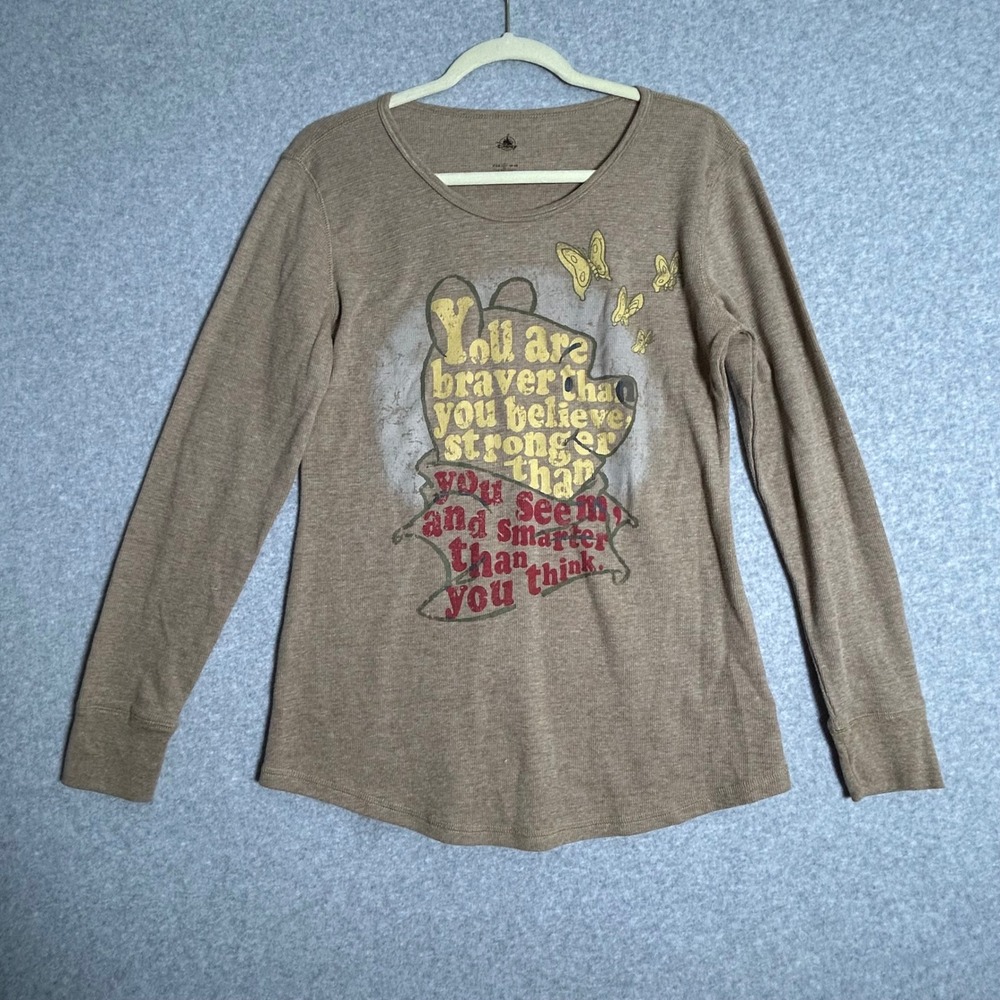 New Disney Store Winnie the Pooh Thermal Top Women L Brown Quote Disneycore